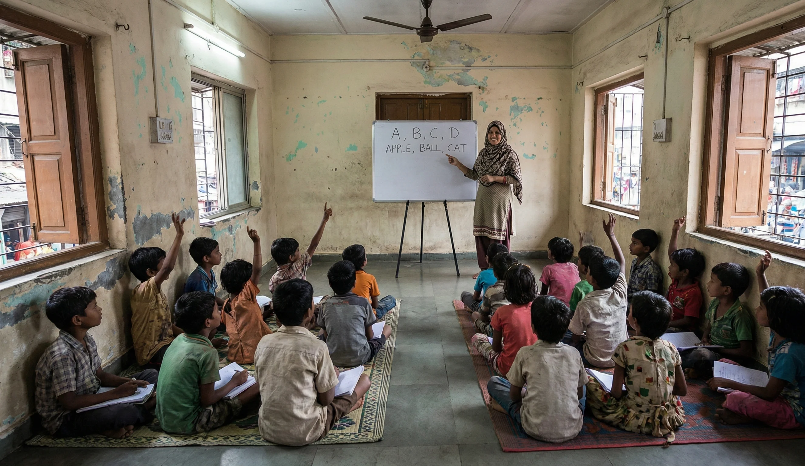 Teacher leading a classroom lesson with students on the floor.