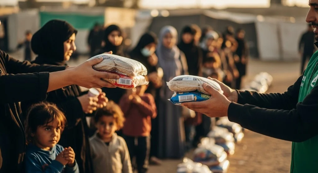 Volunteers preparing food packages for families breaking fast.