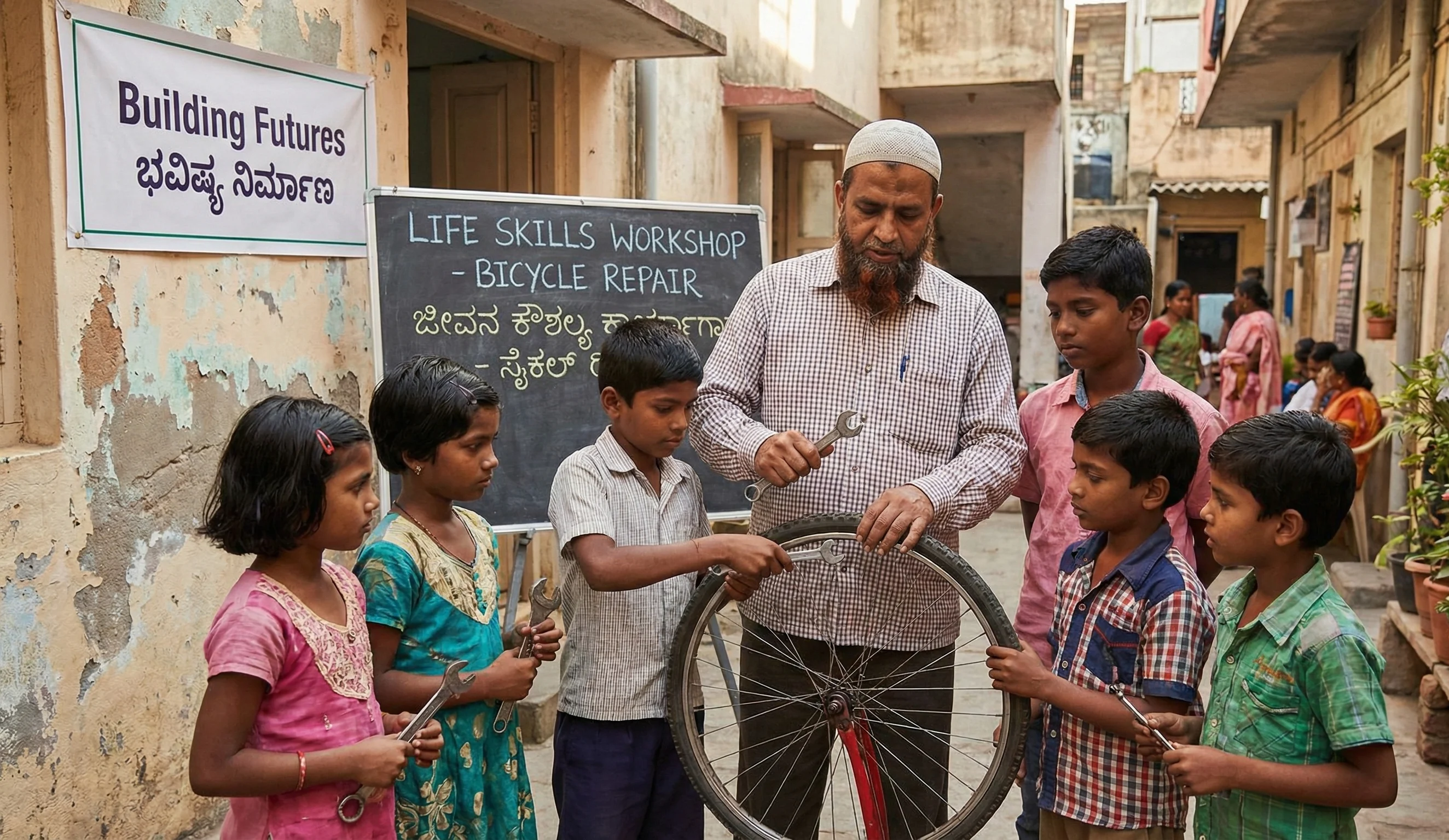 Mentor speaking with children beside a bicycle in a neighborhood.